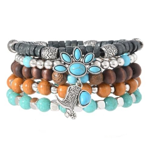 4/5Pcs Set Turquoise Beads Stretch Bracelet Western Ethnic Style for Women A