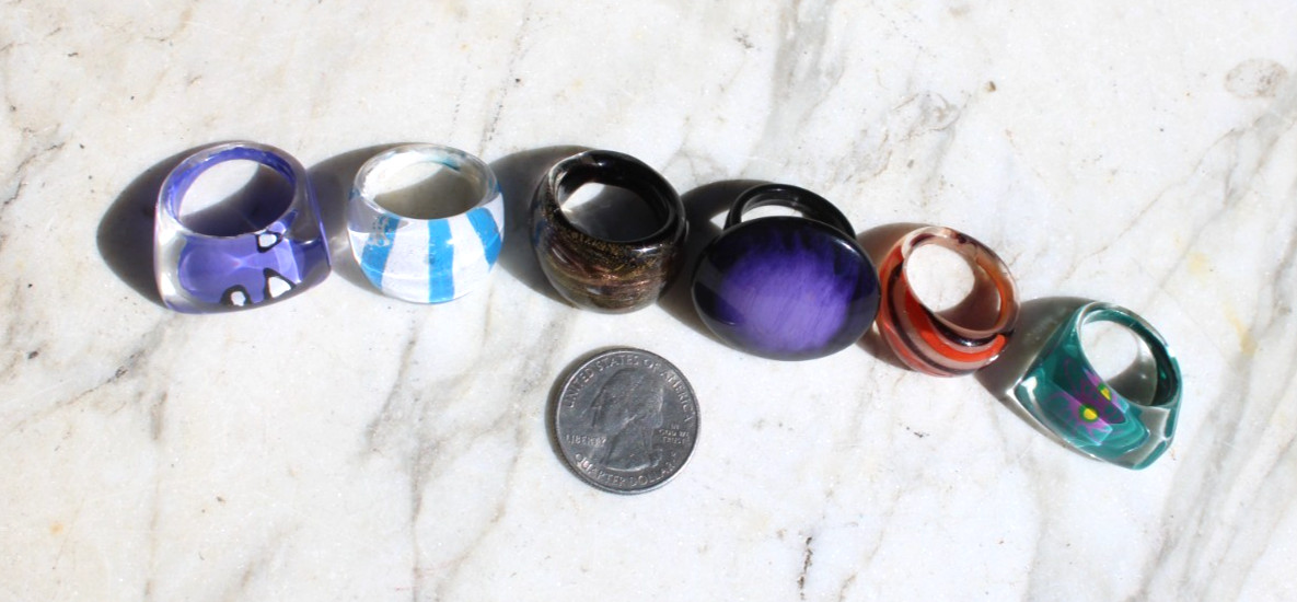 Rings, Lampworked Glass, Plastic Multicolored Dome Rings Set of 6