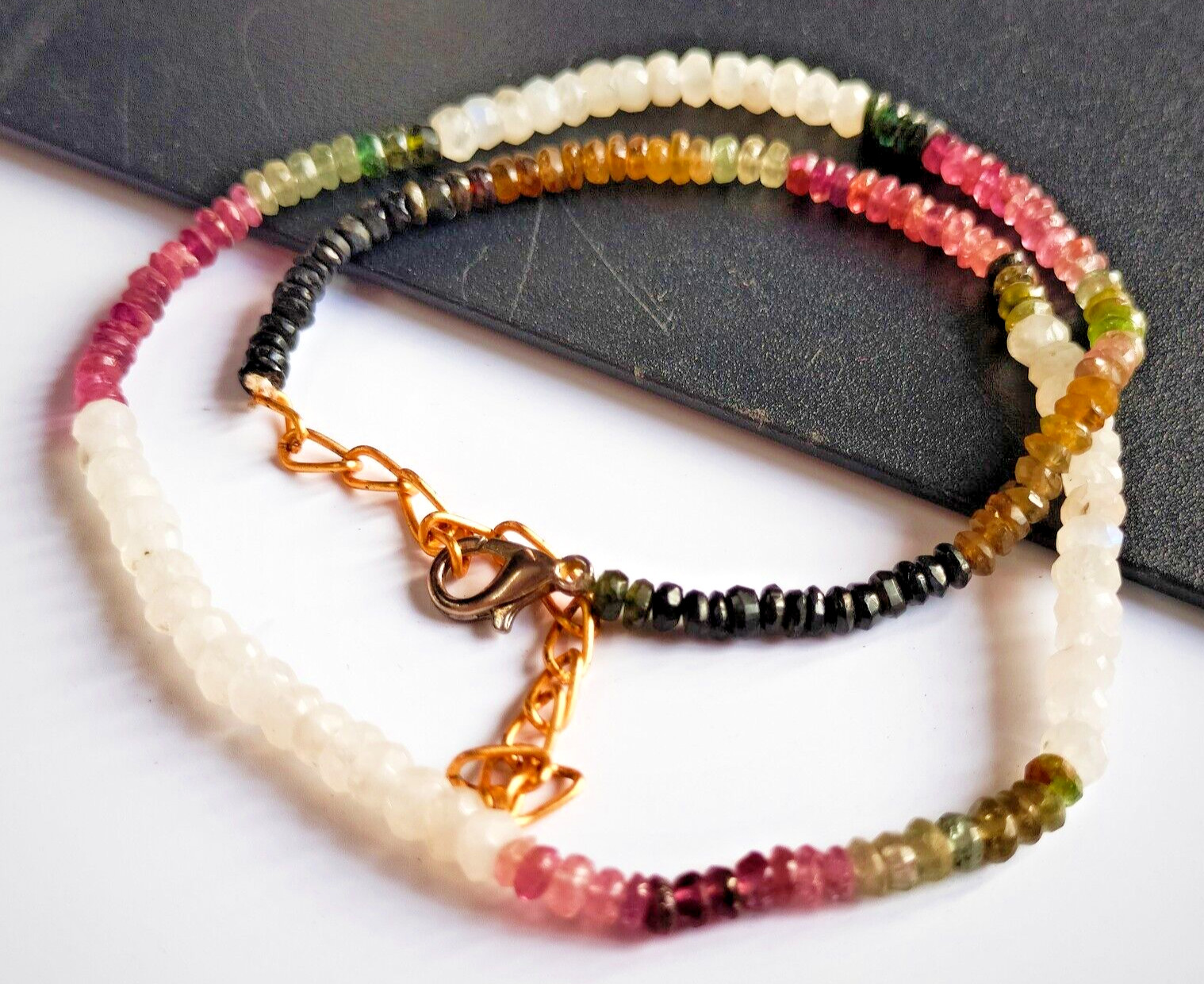 Multi Turmuline & Moonstone Beads Necklace 18 inch Long , 55 cts Gift for Mom,