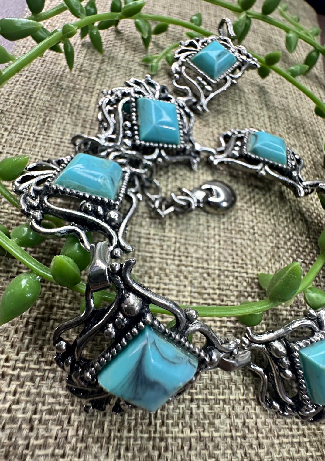 Vtg Silver Tone Statement Link Necklace faux Square turquoise Bezel Set