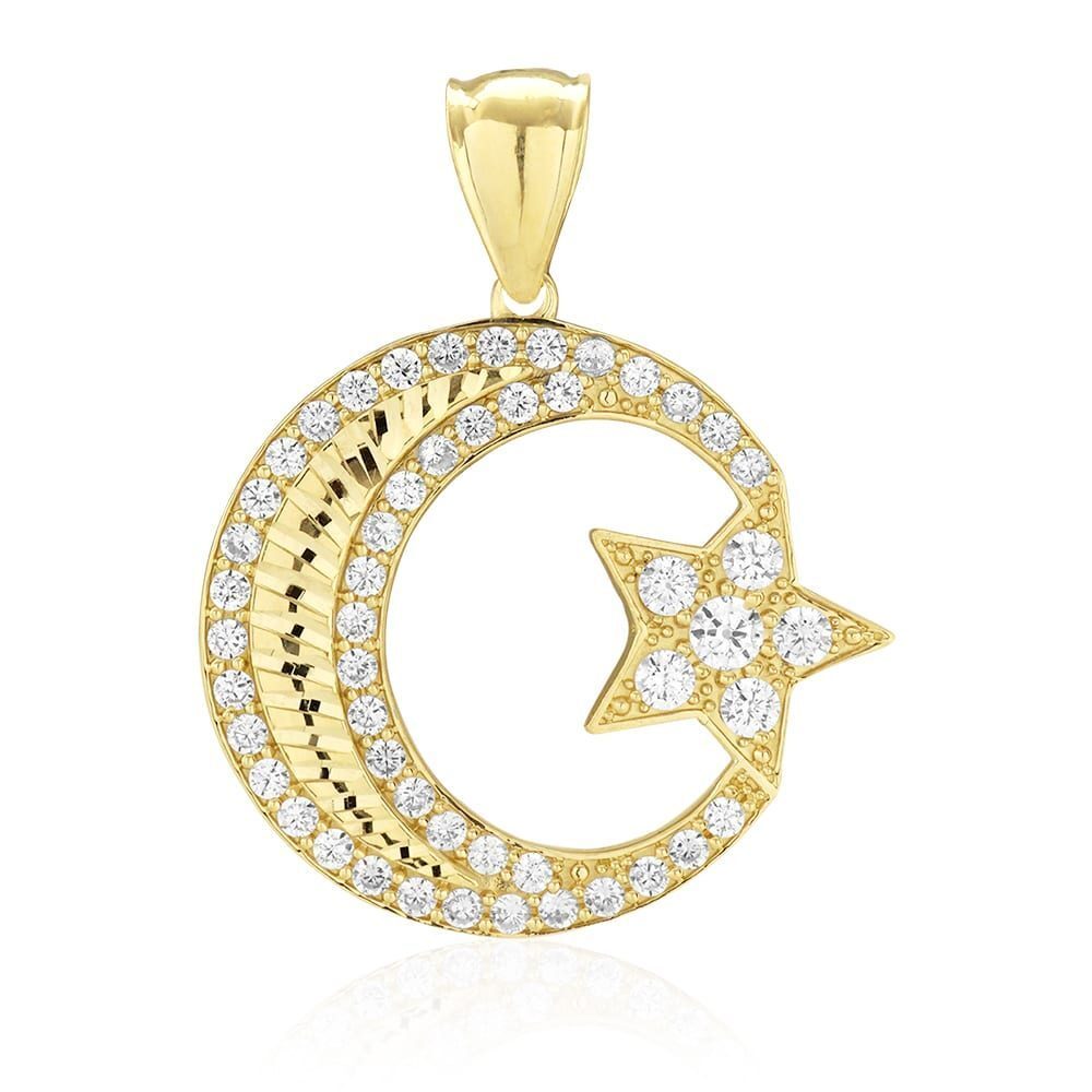 14k Solid Yellow Gold 4.5Ct Simulated Diamond Star Crescent Religious Pendant…