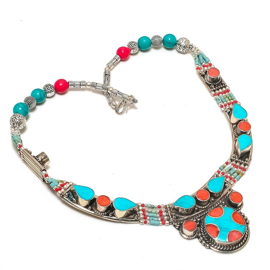 Turquoise Red Coral Gemstone Necklace Tibetan Handmade Nepali Jewelry 18″ N32