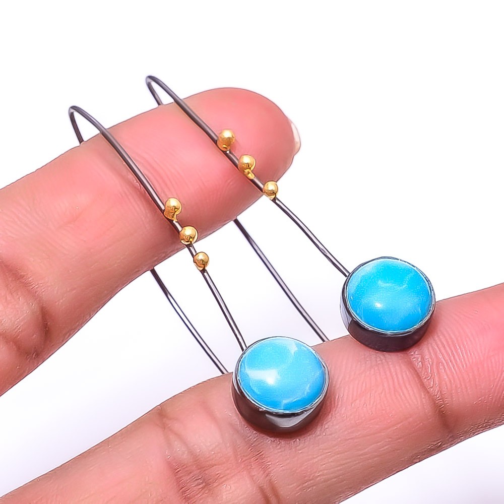 Larimar 925 Sterling Silver Black And Gold Rhodium Plated Earring 1.95″ E52