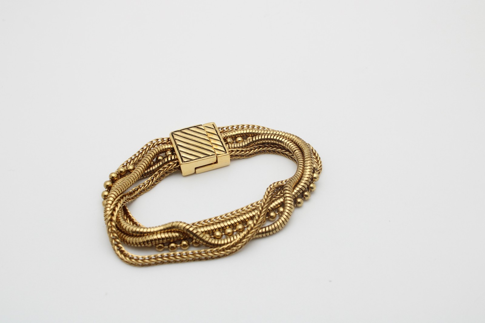 Vintage Gold Tone Beaded Foxtail Spiga & Rope Layer Chain Magnetic Bracelet