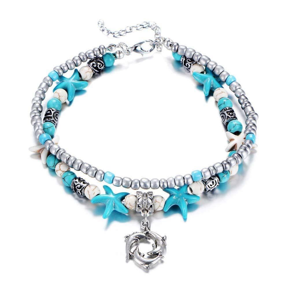 Bohemian Vintage Handmade Dolphins Shell Beads Multi Layer Anklet or Bracelet