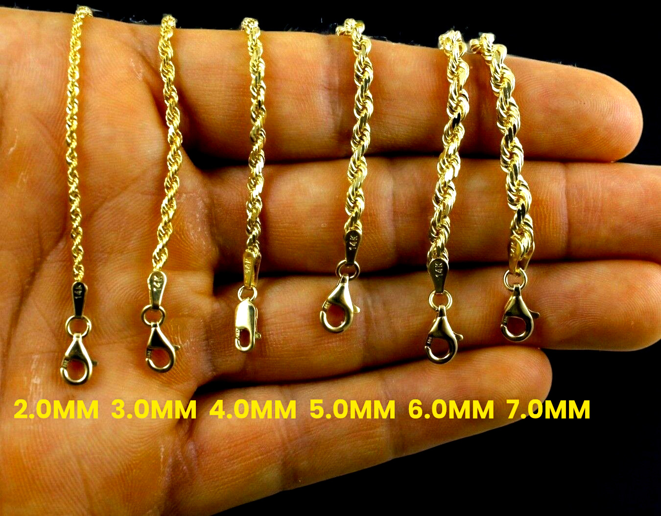 14K Yellow Gold Solid Rope Chain Necklace Diamond Cut Real Gold 1mm-12mm 16″-30″