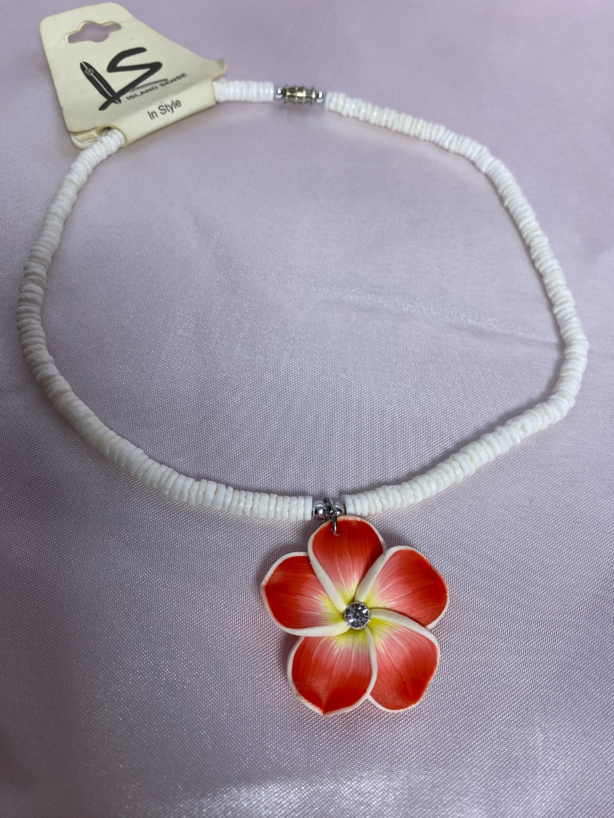 Authentic Hawaiian Puka Shell Necklace 16″ & Plumeria Flower Pendant
