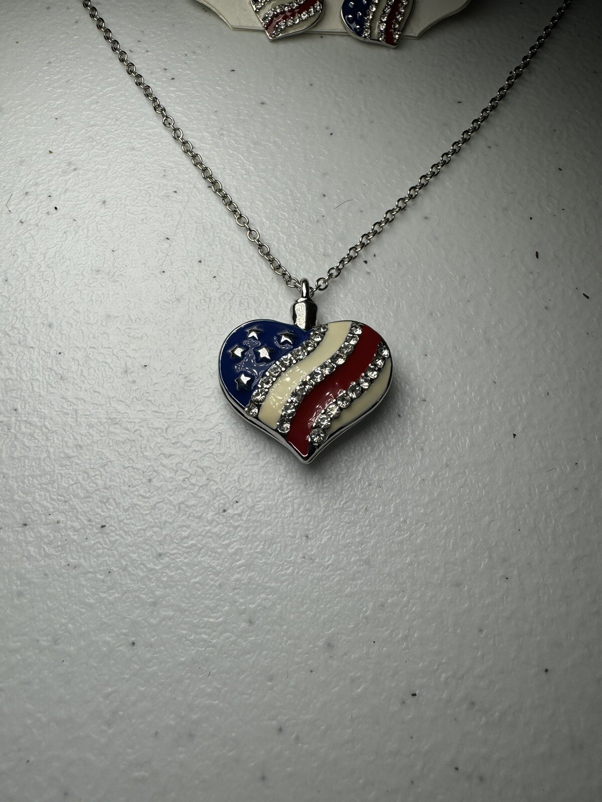 C1946 Heart Shaped American Flag Silver Toned Necklace & Earrings