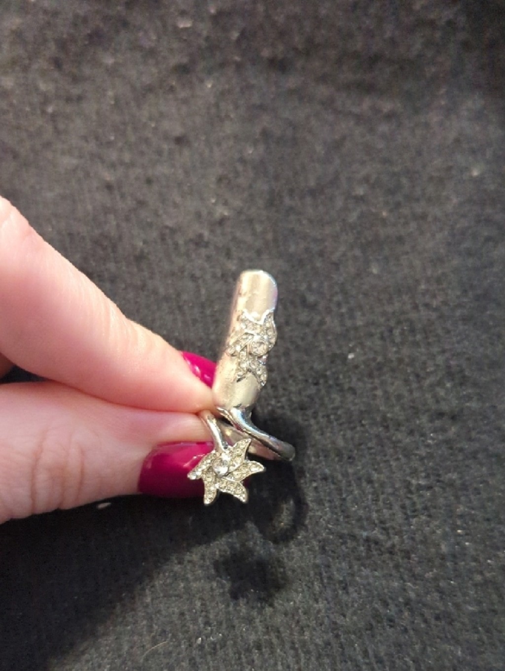 Silver Tone Clear Rhinestone Star Flower Open Fingernail Nail Tip Statement Ring