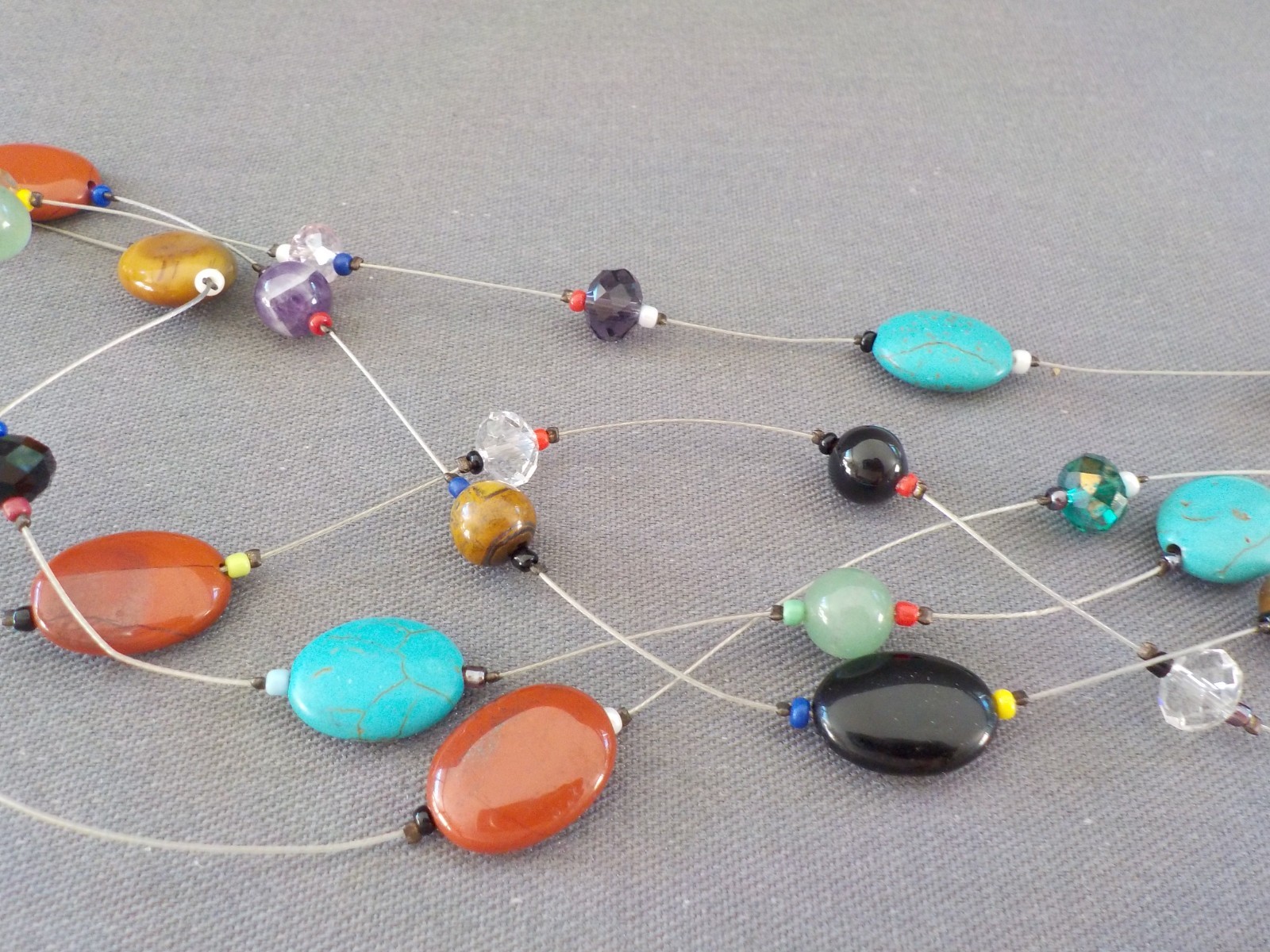 Necklace Silver Tone Metal Multi Strand Wire Stone Glass Oval Polished