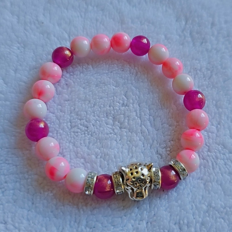 Pink & Gold Round Beaded Stretch Bracelet, Slip-On, Bead Charm