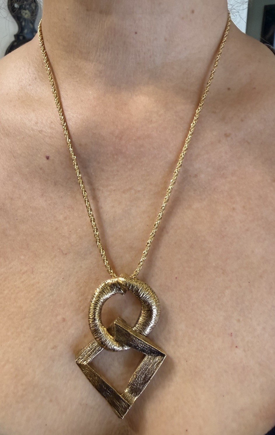 Yves Saint Laurent Pendant Necklace YSL Gold Chain Circle And Square 24 Inches