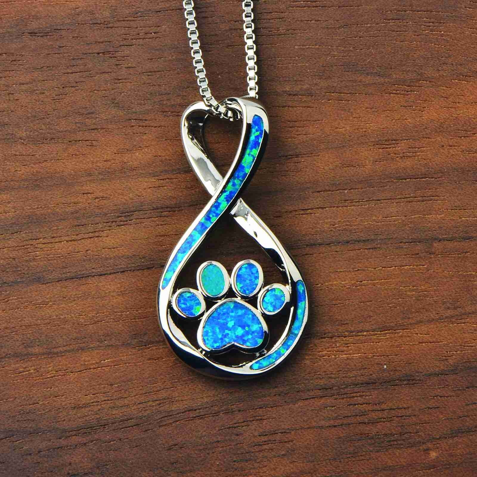 Hawaii Beach Blue Fire Opal Dog Paw Necklace Silver Filled For Women Girl