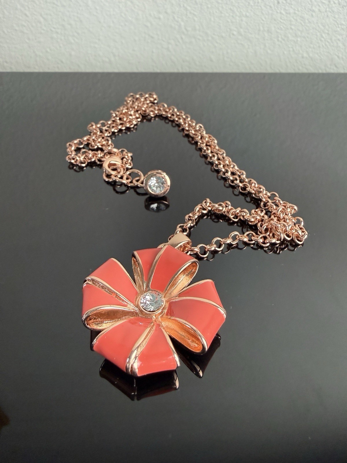 Ted Baker Renie Rosette Necklace Coral Pink Enamel Flower Pendant Rose Gold Tone