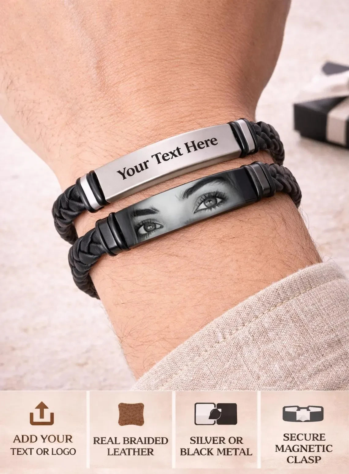 Custom Engraved Leather Bracelet – Personalized Men’s ID Bracelet with Name, Eye
