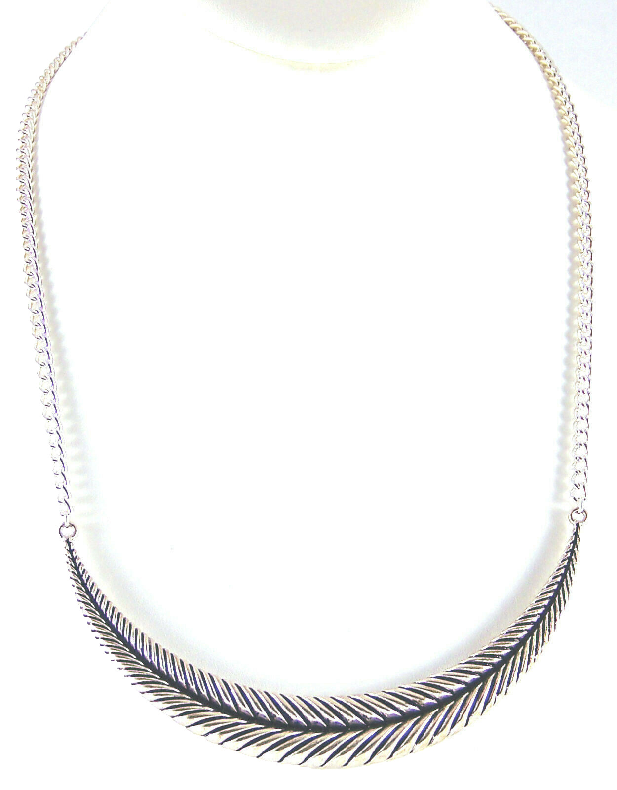 Necklace Half Moon Shape Curved Bar Textured Silvertone Metal On A Chain 20″Long