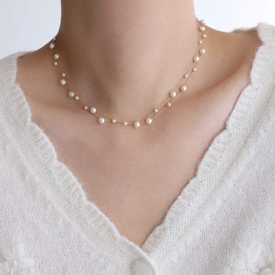 Woman 18K Gold Plated Stainless Steel Pearl 2 Layers Chain Necklace
