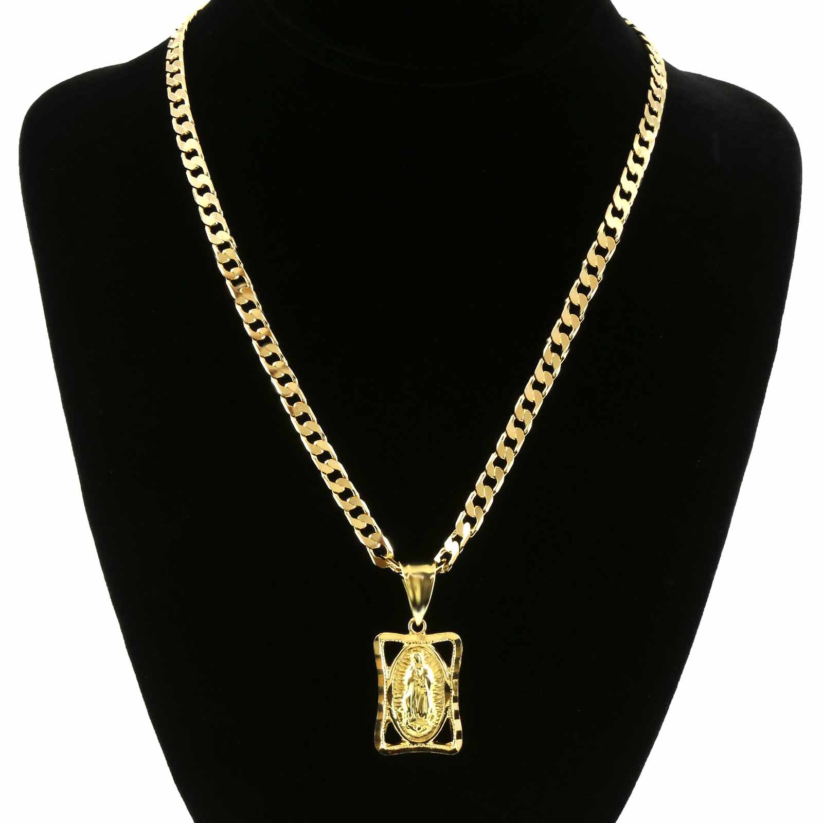 Mens 18k Gold Plated Virgin Guadalupe 5mm 24″Flat Cuban Necklace Chain (H)