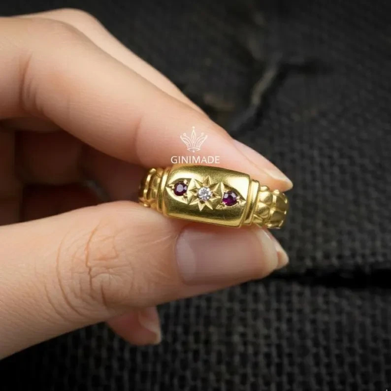 Victorian Starburst Pinky Ring CZ Diamond Ruby Gold Tone
