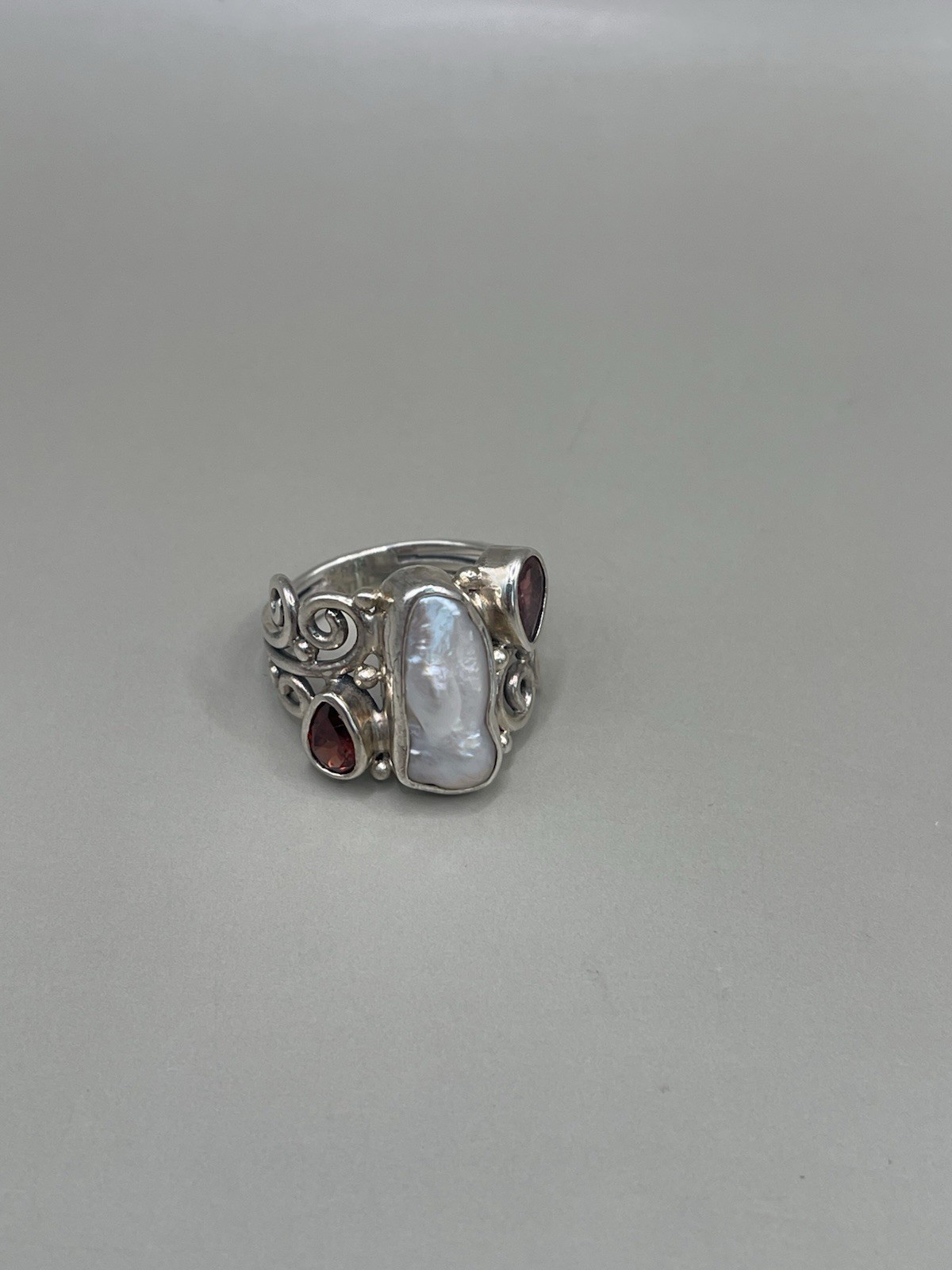 Sterling Silver 925 Signed ATI Pearl Garnet 6.5 Women’s Statement Ring