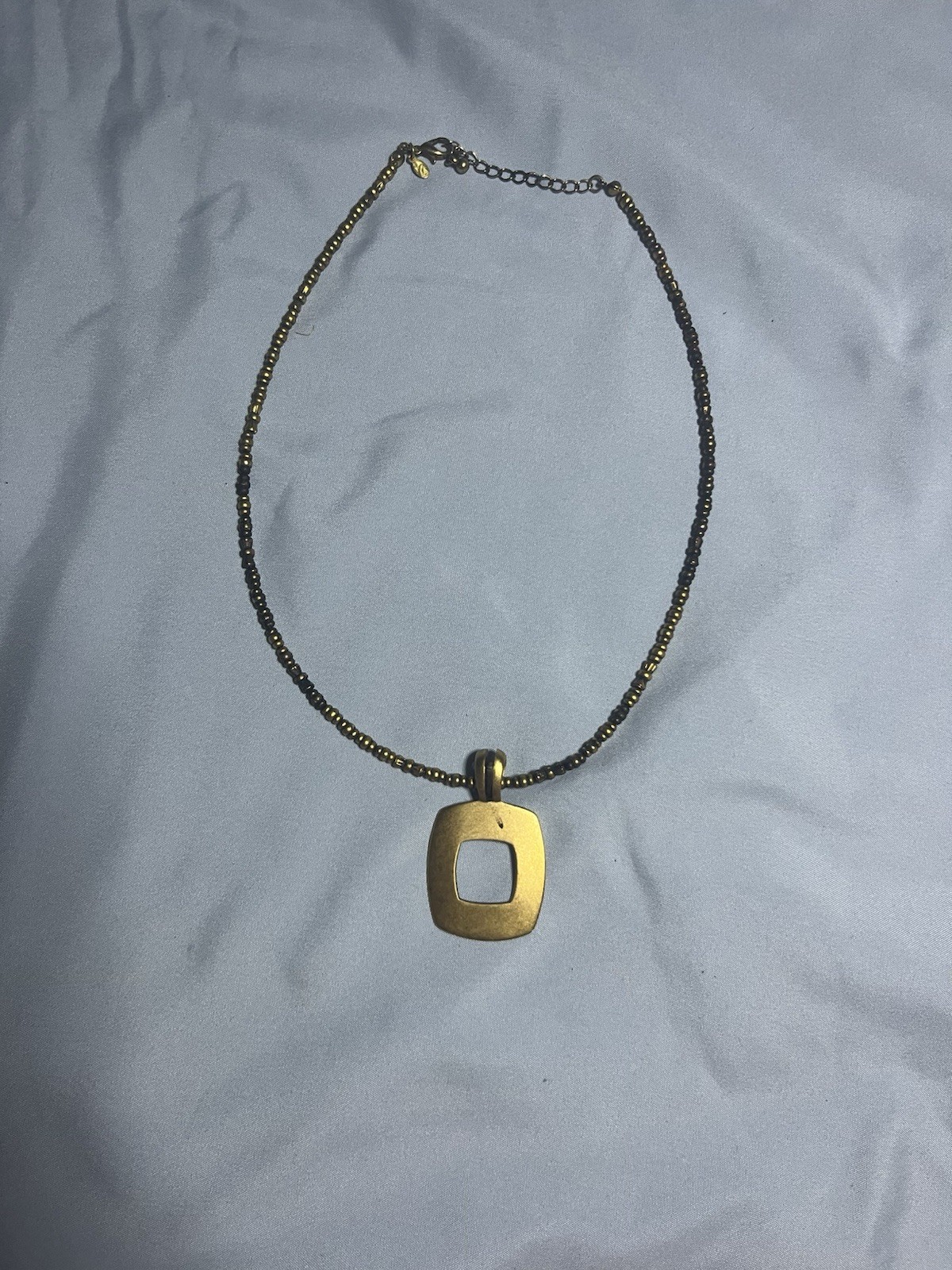 Premier Designs Vintage Beaded Necklace Brushed Gold Square Cutout Pendant