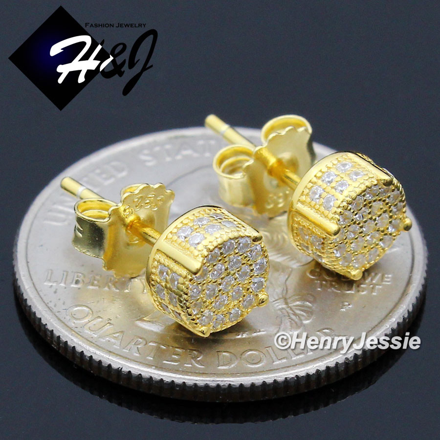 MEN 925 STERLING SILVER 6MM CUBIC ZIRCONIA 3D GOLD PLATED ROUND STUD EARRING*179