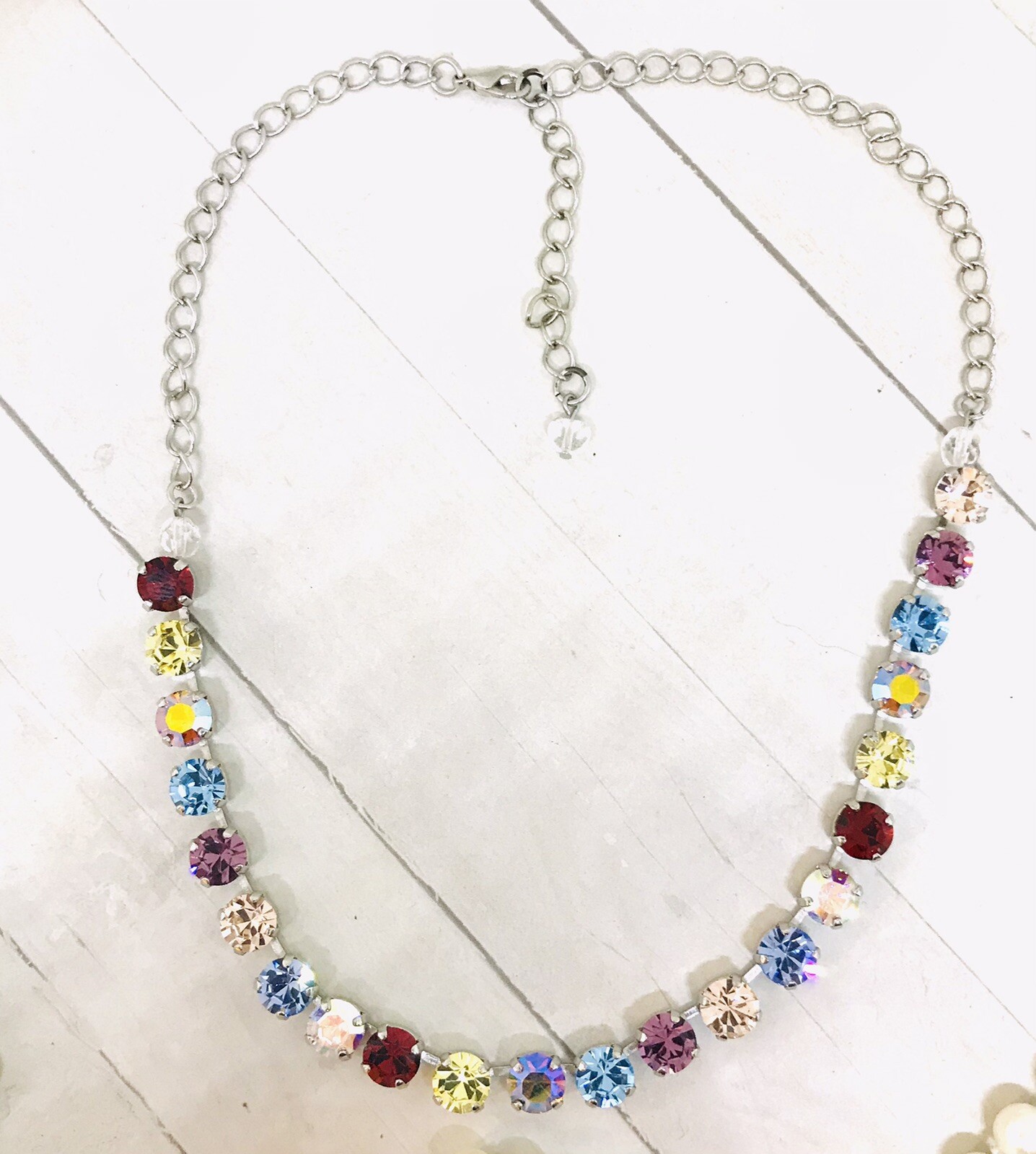 Siam Red Rainbow Cup Chain Necklace, Light Blue Crystal Rainbow Mix Necklace
