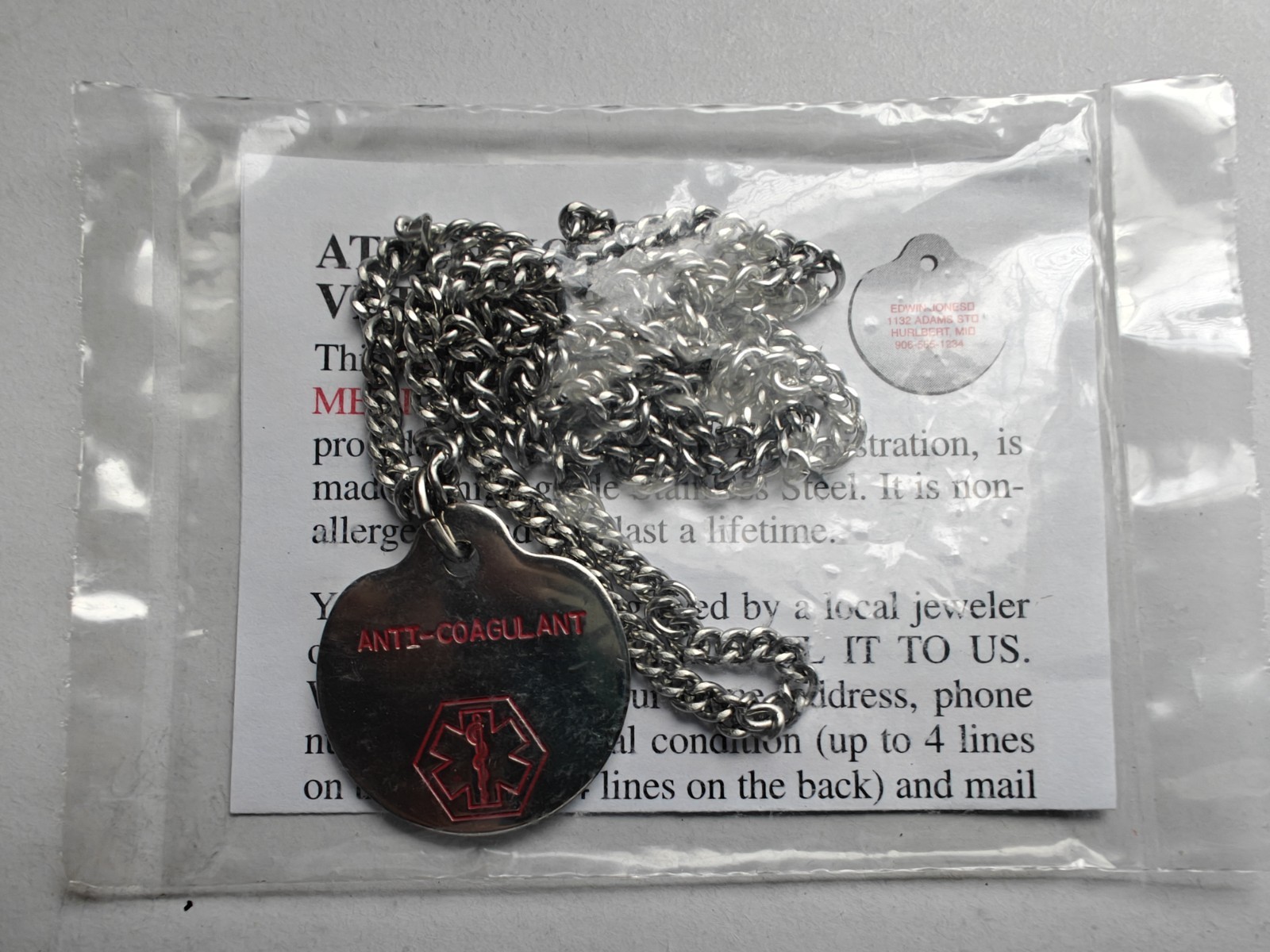 Anti-Coagulant Medical 26″ Chain, Engraved, Silver w/Emergency Medical IDCard