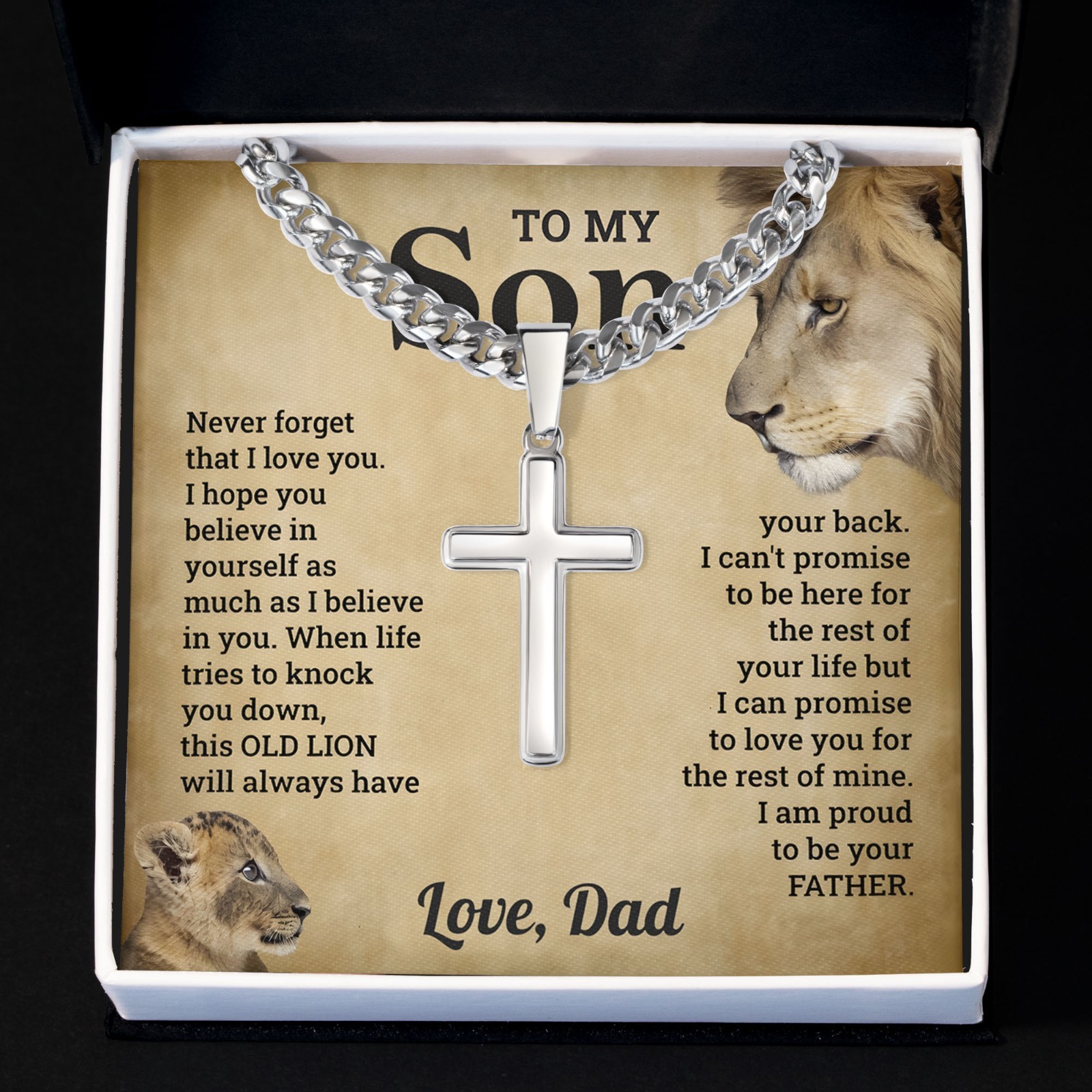 To My Son Cross Necklace Cuban Chain from Dad Lion Faith Jewelry Bday Graduation