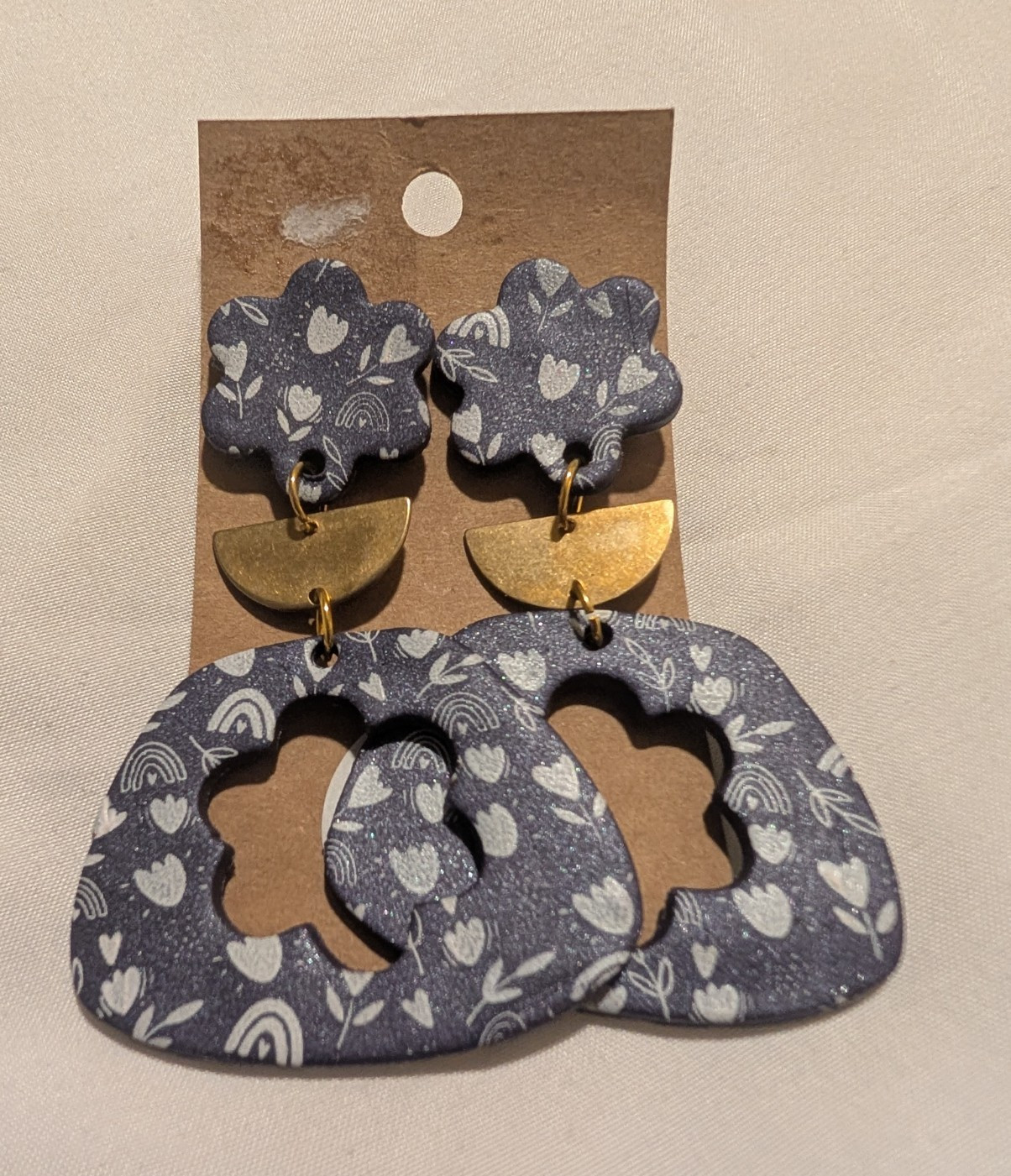 Handcrafted Blue Floral Polymer Clay Asymmetrical Dangle/Drop Earrings, No Stone
