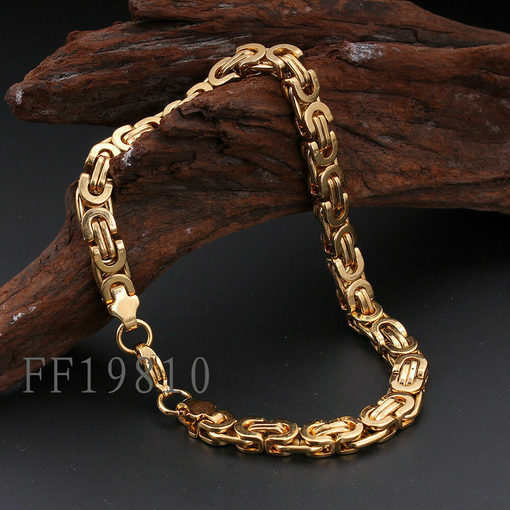 6MM 18K Gold Byzantine Flat Chain Necklace&Bracelet Stainless Steel Jewelry Set