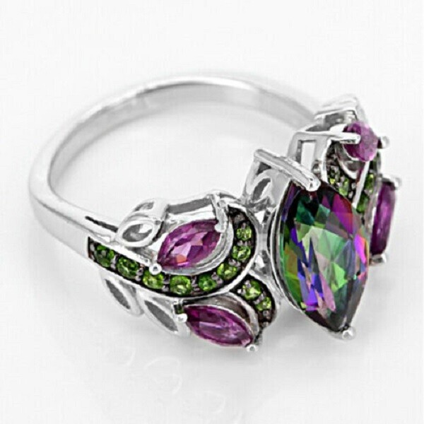 925 Sterling Silver Rainbow Mystical Topaz Wedding Engagement Ring Size 10.5
