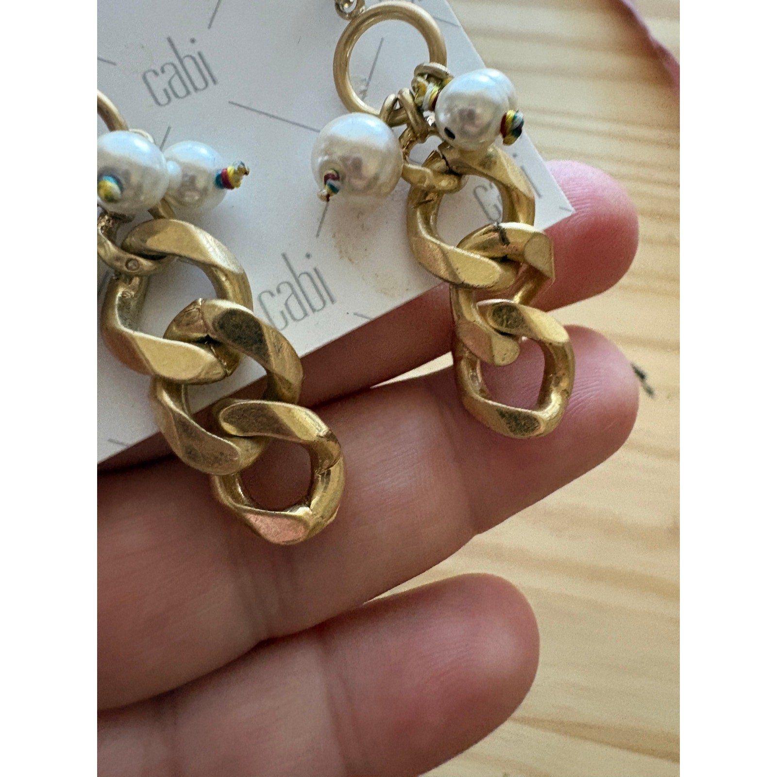 Cabi Wisdom Earrings Brushed Gold Color Chain Faux Pearls Dangle