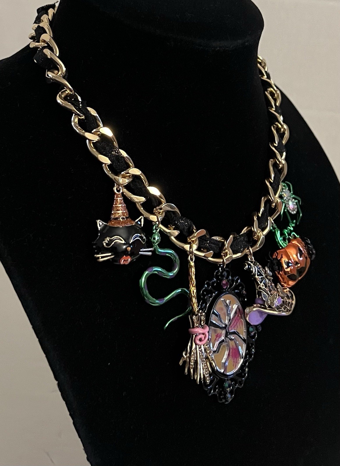 Betsey Johnson Necklace Halloween Pumpkin, Mirror, Cat, Witch Broom ,snake Charm