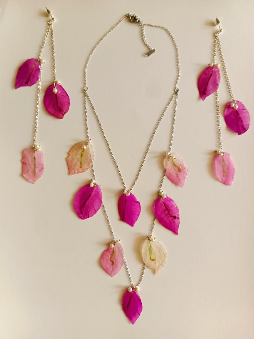 Real Bougainvillea Pink Leaf Necklace Earrings Set Handmade Resin Jewelry Gift