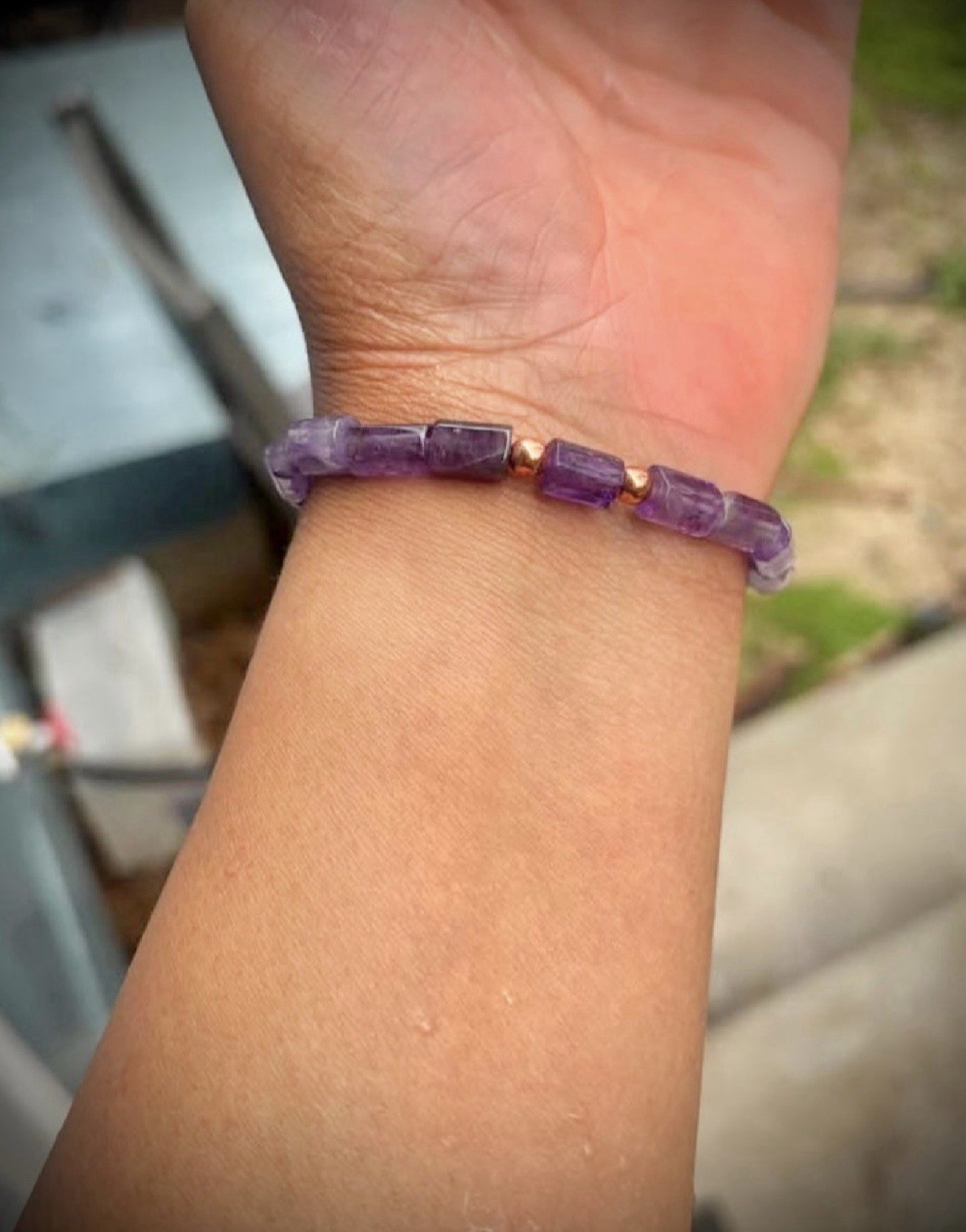 Purple Amethyst Rectangle Gemstone Beaded Stretch Bracelet, Charm Style