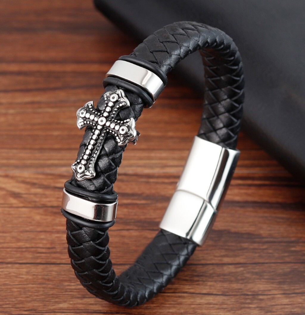 Men /Women Stainless Steel Cross Black Braided Leather Bracelet Bangle 6.5-9″