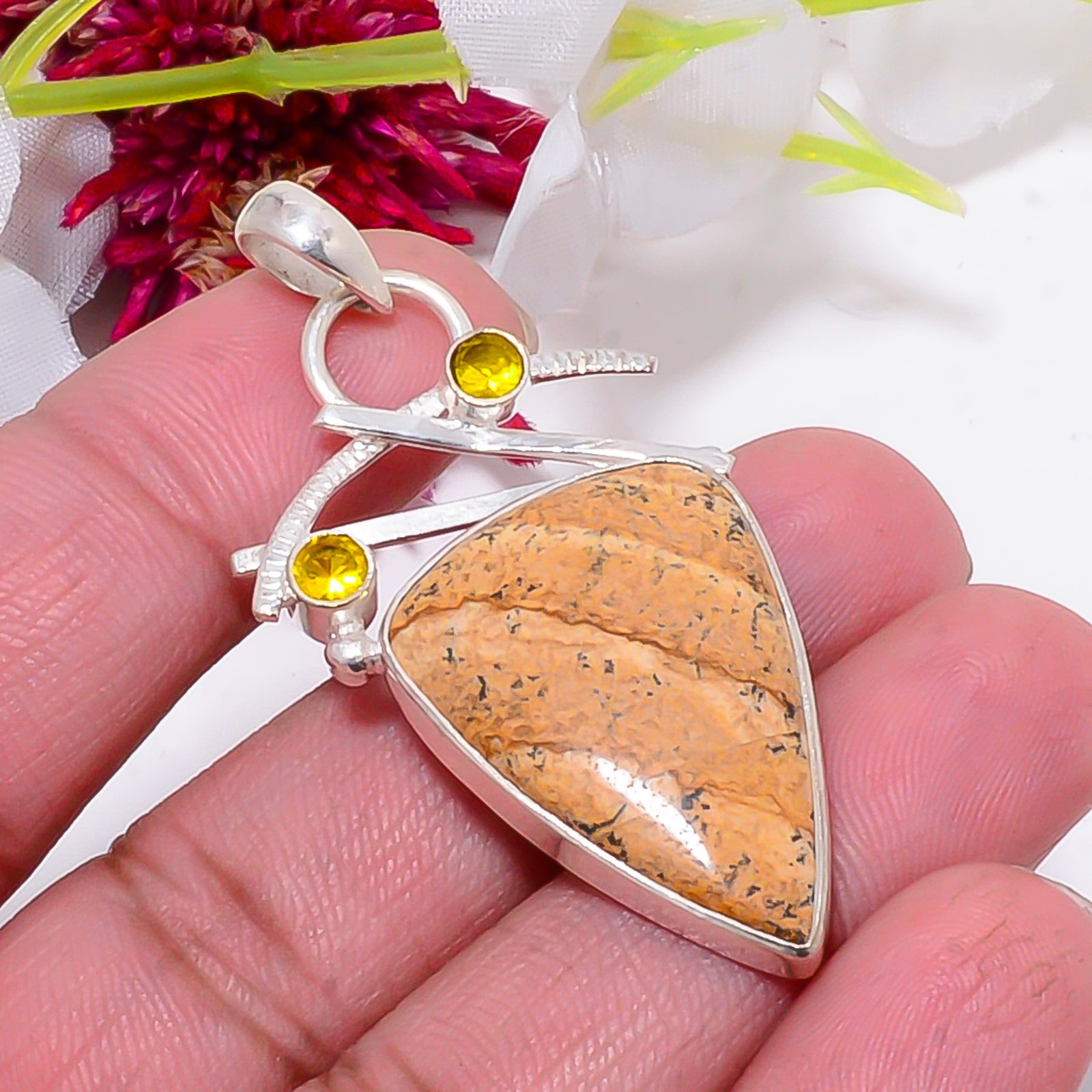 Picture Jasper – Oregon & Citrine 925 Sterling Silver Pendant 2.15″ sku12