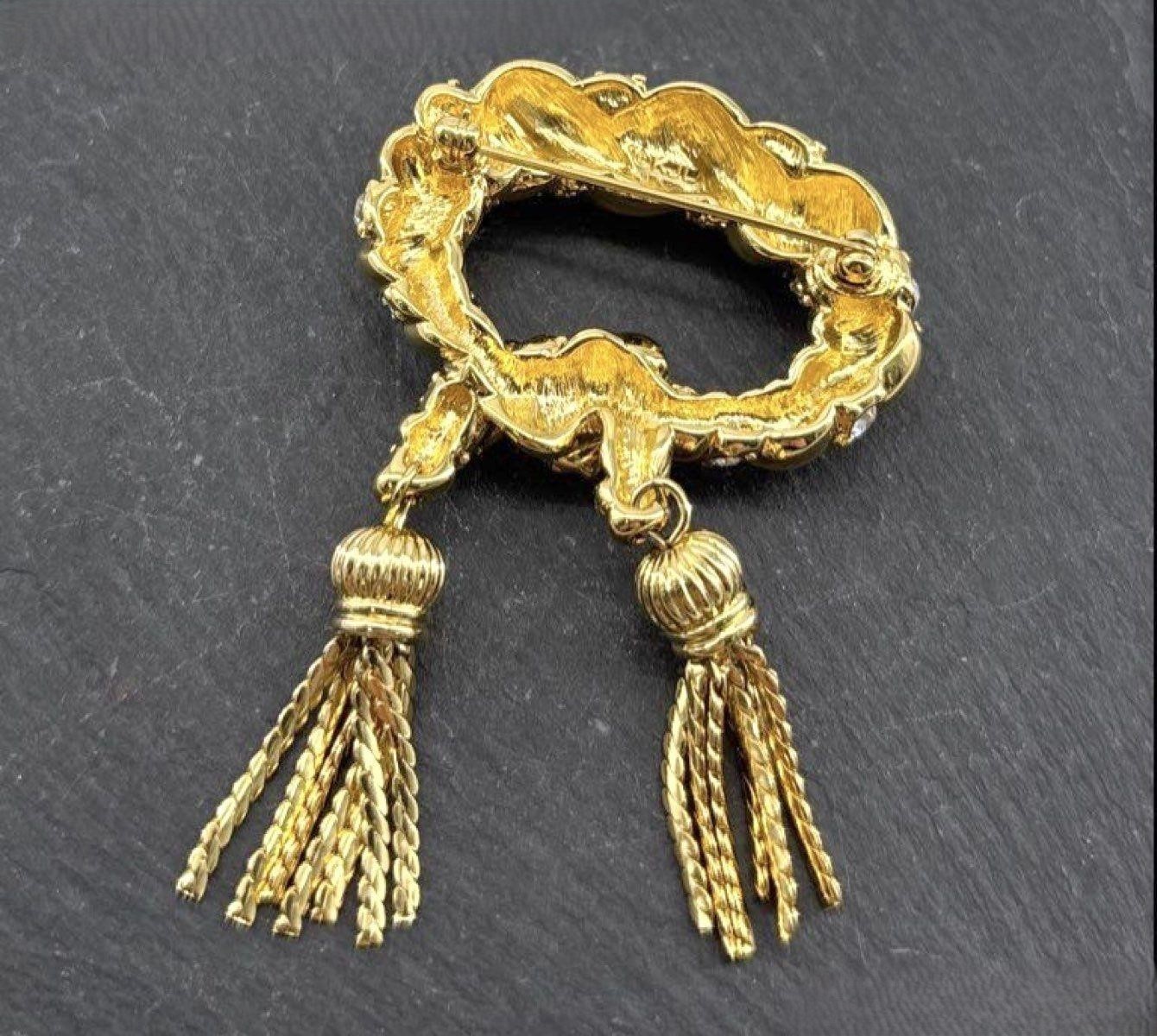 KJL Kenneth Jay Lane Love Knot Brooch Pin + Tassels Rhinestones Gold Setting