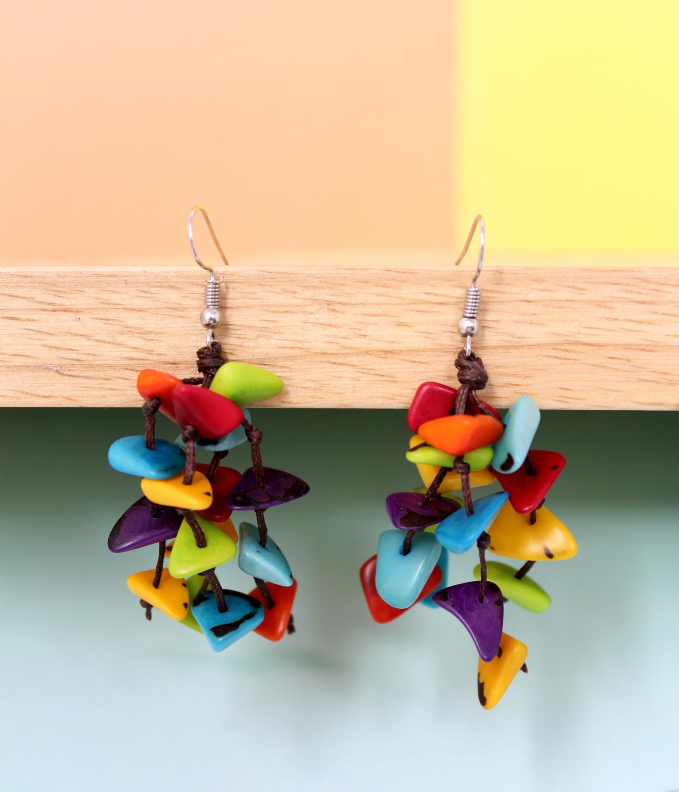 Tagua Earrings Multicolor Tassels Handmade Fair Trade, Lightweight, by