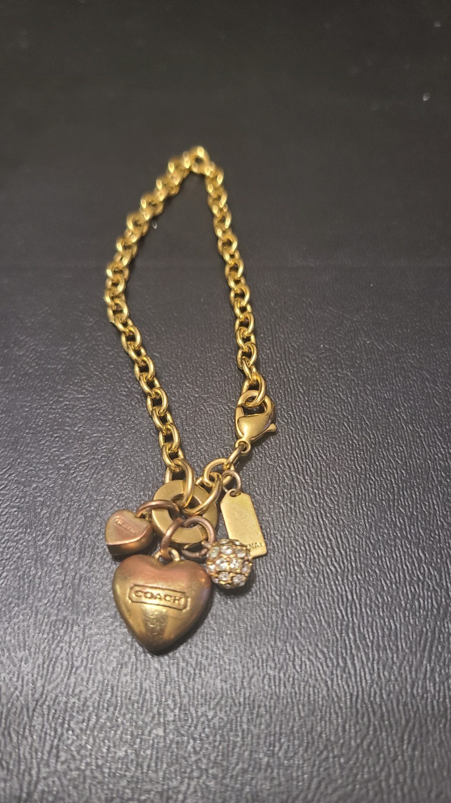 Coach Gold Tone Charm Bracelet Heart With Clear Crystals Small Heart Ball Ring
