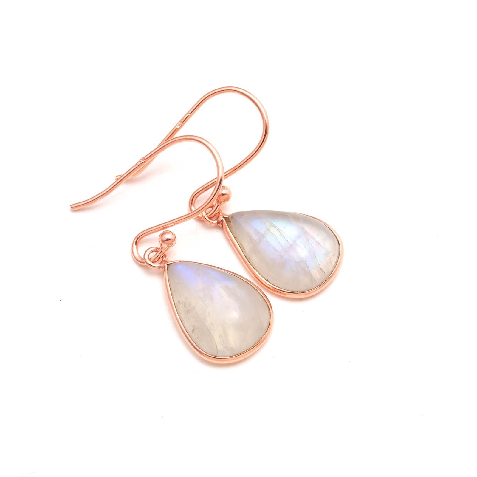 100%Natural Moonstone Pear Dangle Earrings Rose Gold Plated Solid Silver Jewelry