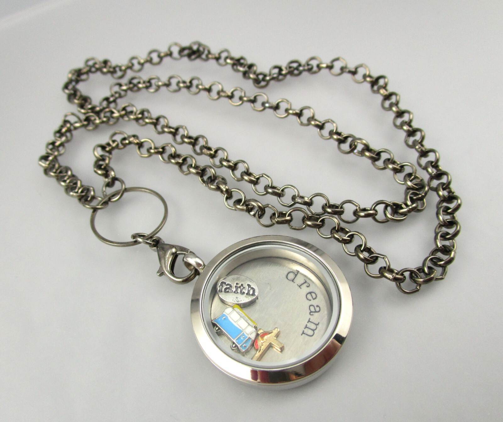 Dark Gray Colored Metal Link Chain Encased Charms Dream Faith Cross Bus Pendant