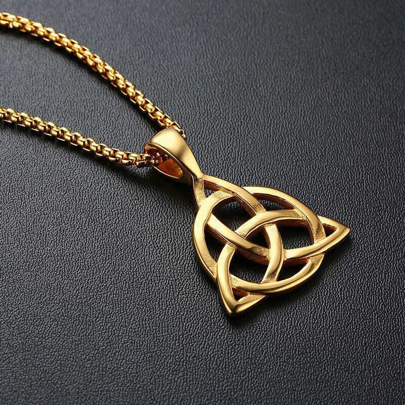 Gold Celtic Triquetra Trinity Knot Pendant Necklace Irish Jewelry Men Women 24″
