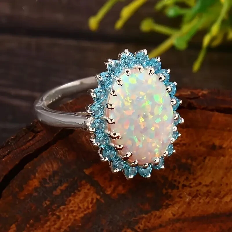 Elegant 925 Sterling Silver Fire Rainbow Opal Blue Topaz Engagement Ring Size 8