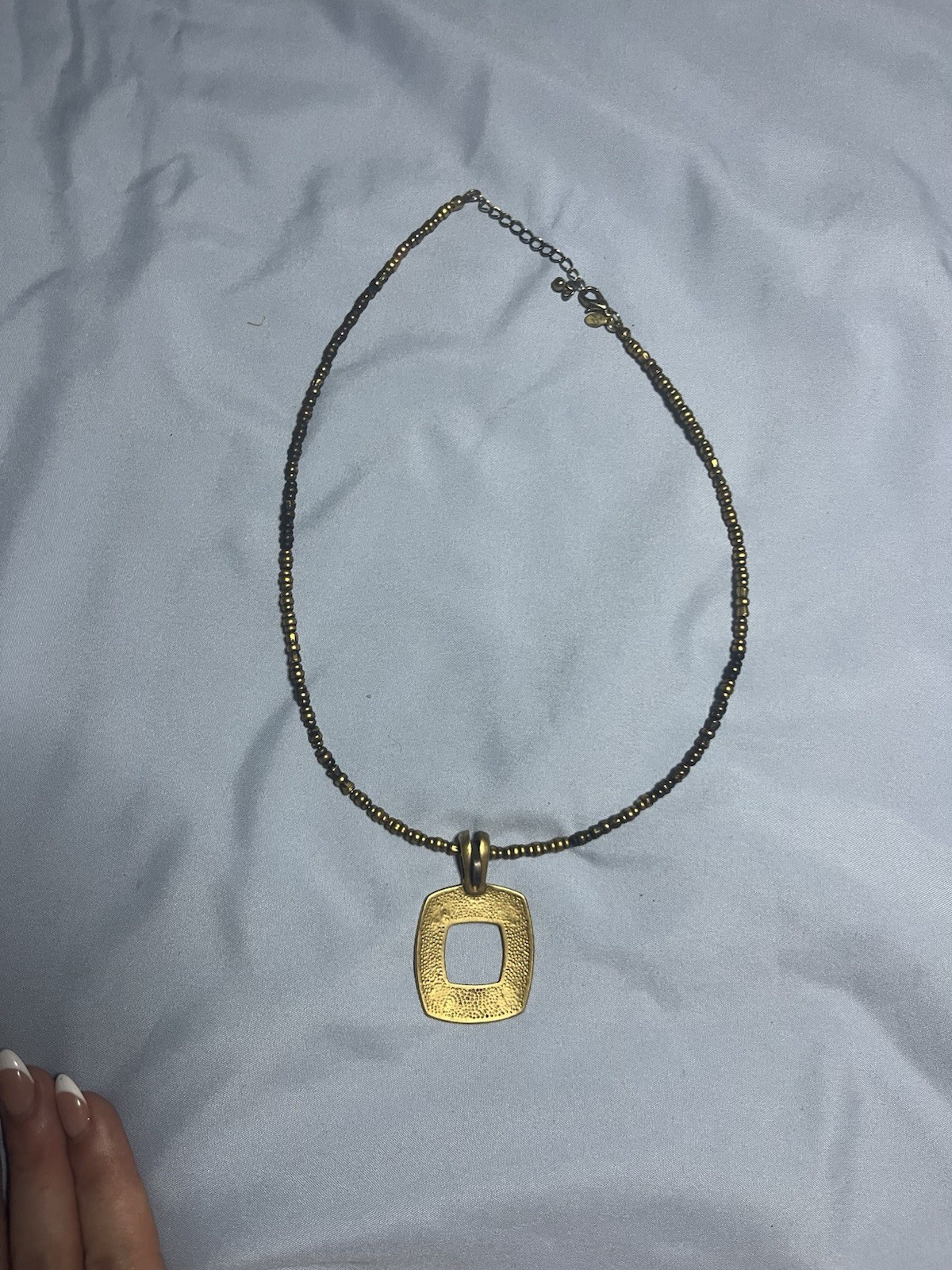 Premier Designs Vintage Beaded Necklace Brushed Gold Square Cutout Pendant