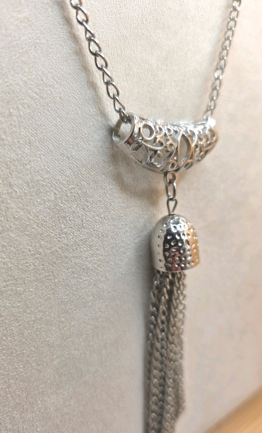 27-inch Silver Tone Estate Chain With Open Work Bar And Chain Tassel