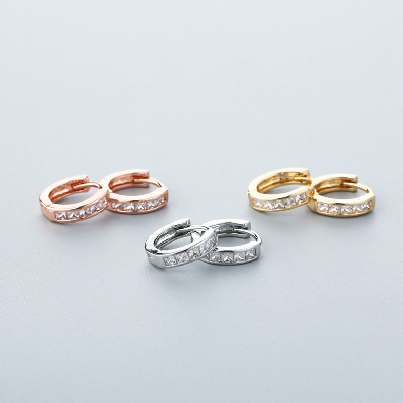 Men Women White Gold Plated Clear Square CZ Huggie Hoop Snap Earrings Gift I36