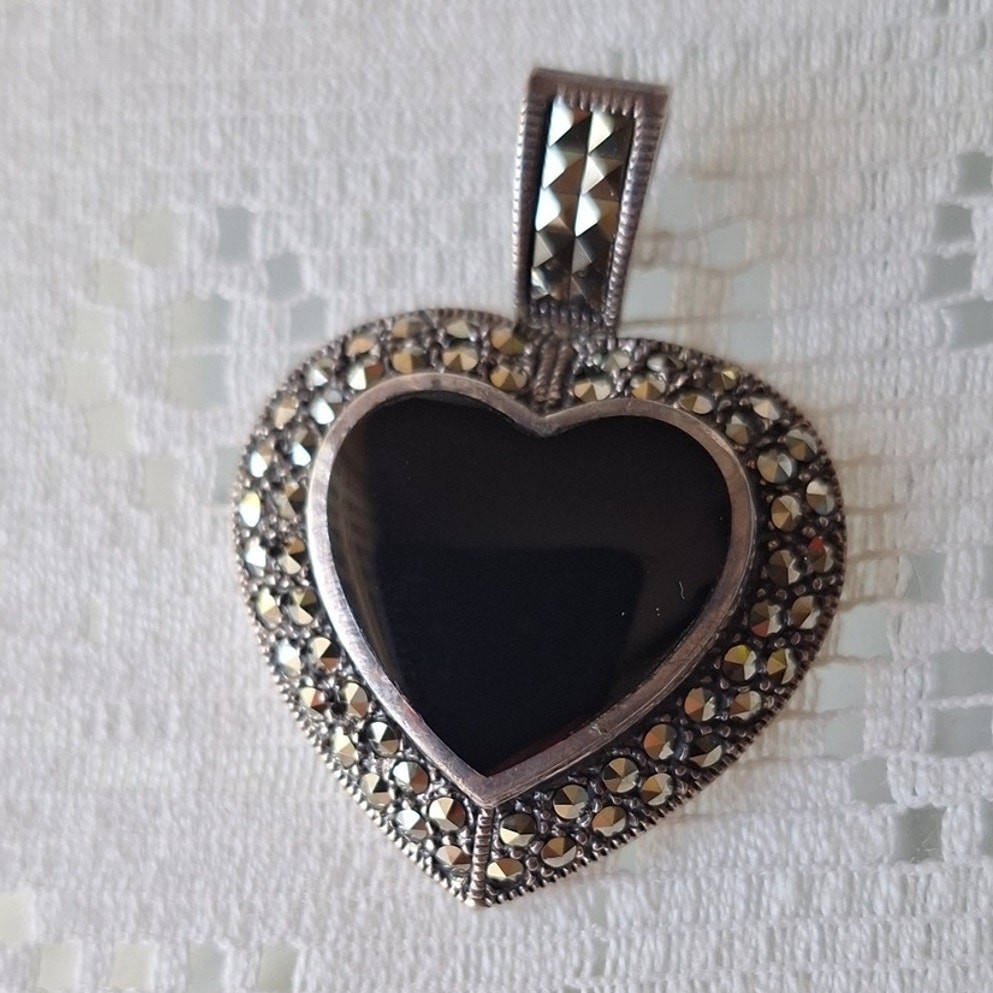 Sterling Silver Heart Pendant Necklace with Black Onyx and Marcasite