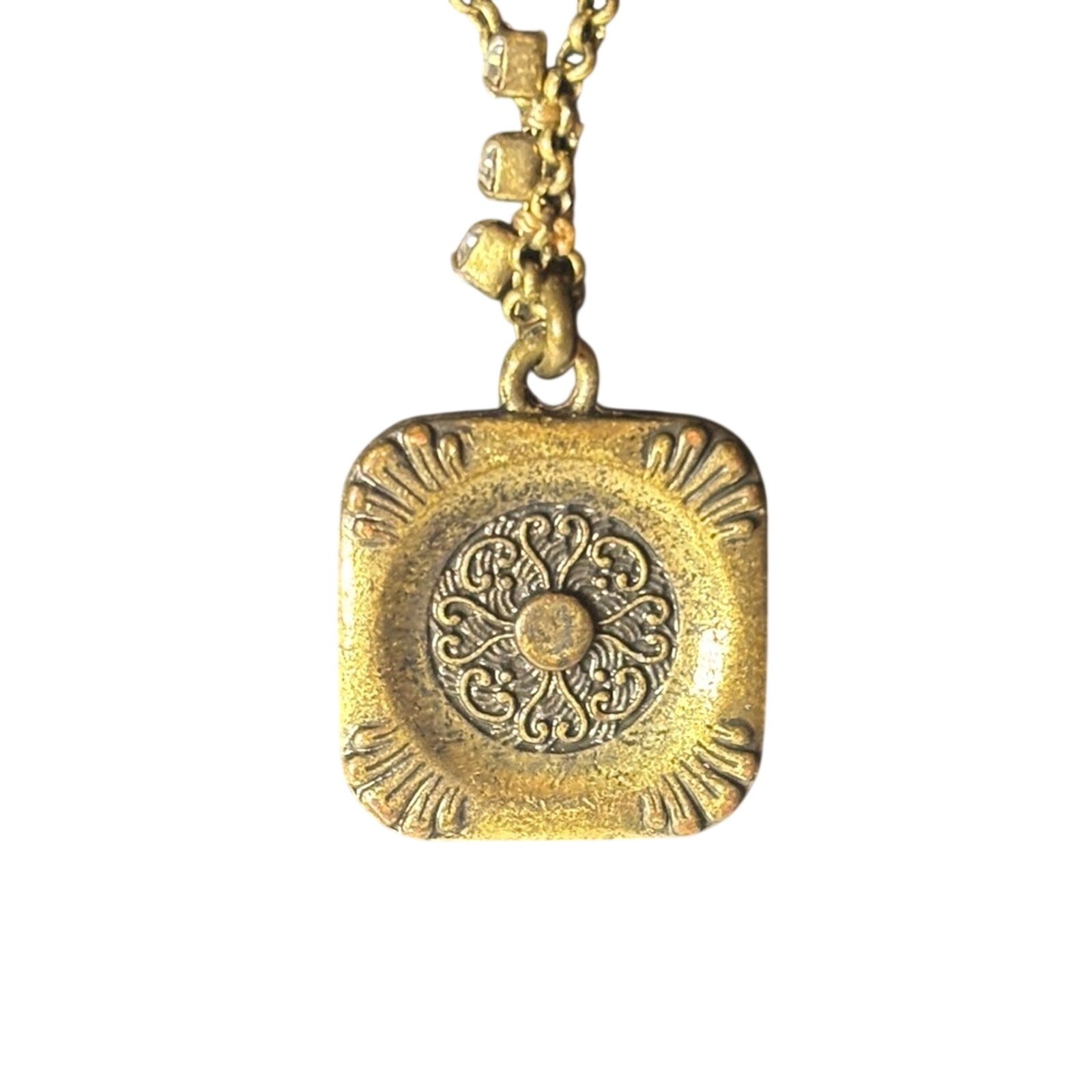 Fossil Gold Tone Square Medallion Pendant Necklace 16” Lock Key Rhinestone Bail